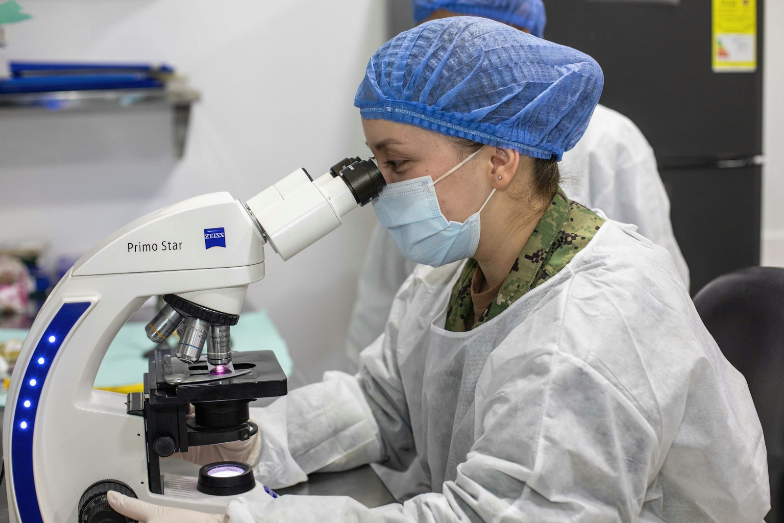 Researcher at a microscope reviewing the latest bladder health research in a laboratory